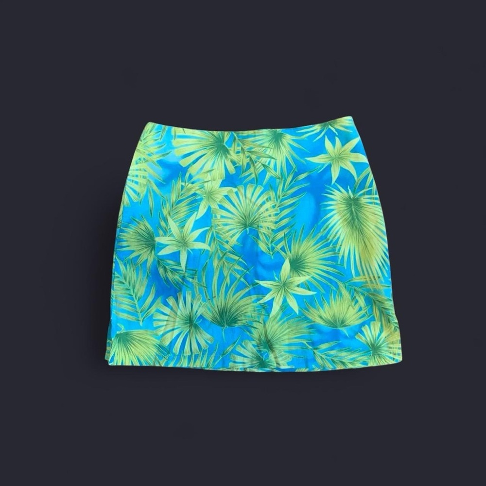 Papaya Blue Mini Skirt with Green Tropical Print